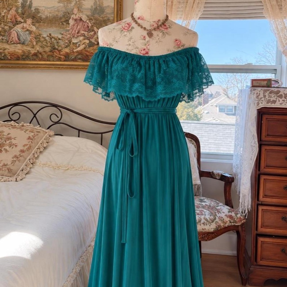 70s Teal Lace formal dress 70s Vicky Vaughn teal off shoulder nightgown size 13